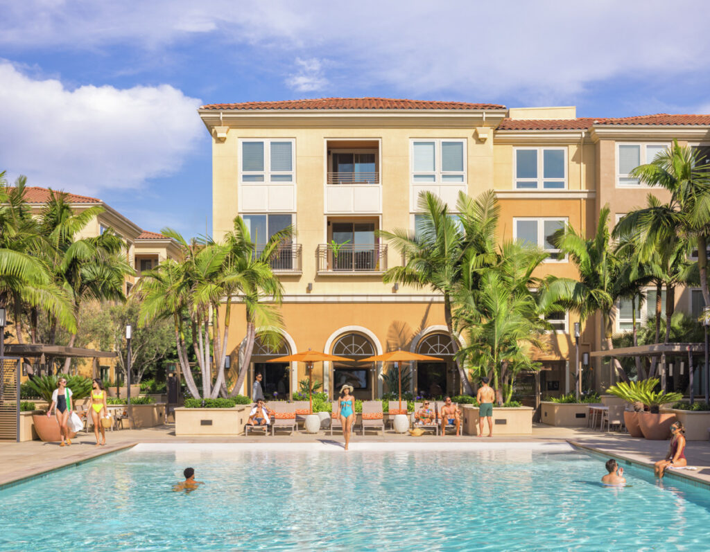 Photo rendering of the pool view at the Villas at Playa Vista Malibu Apartment Community. 