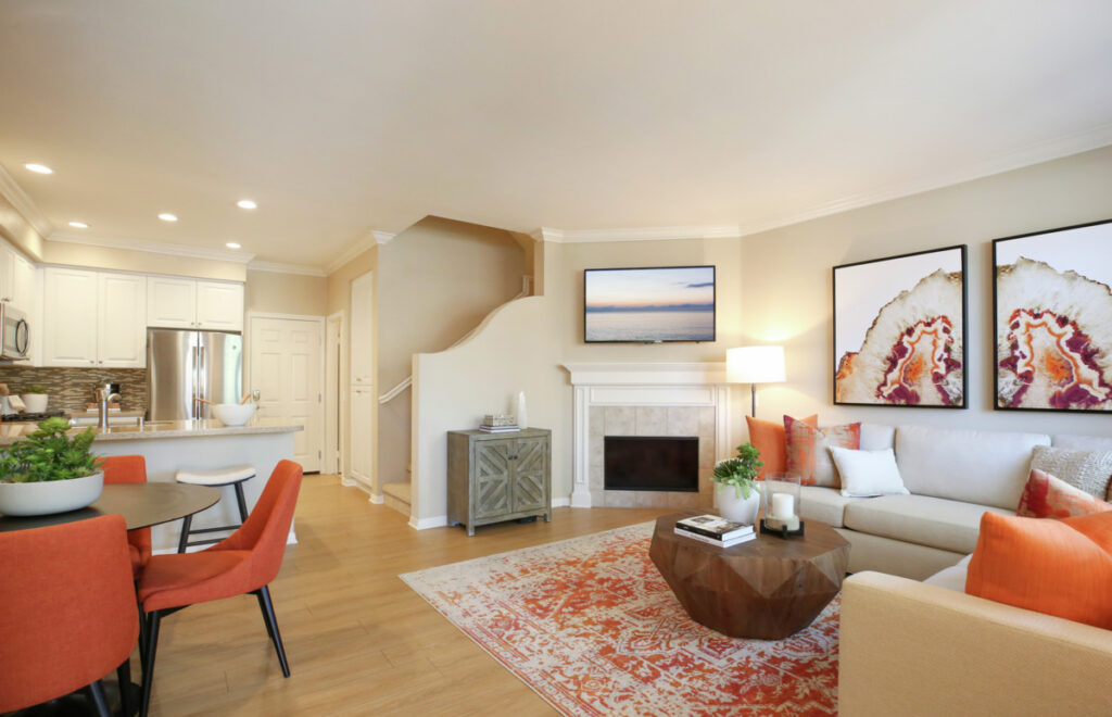 Furnished living room and kitchen of apartment home