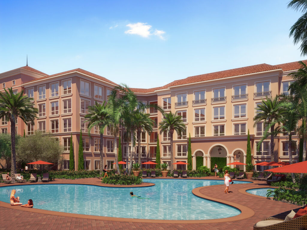 3D rendering of the pool view in The Market Place Apartment Homes