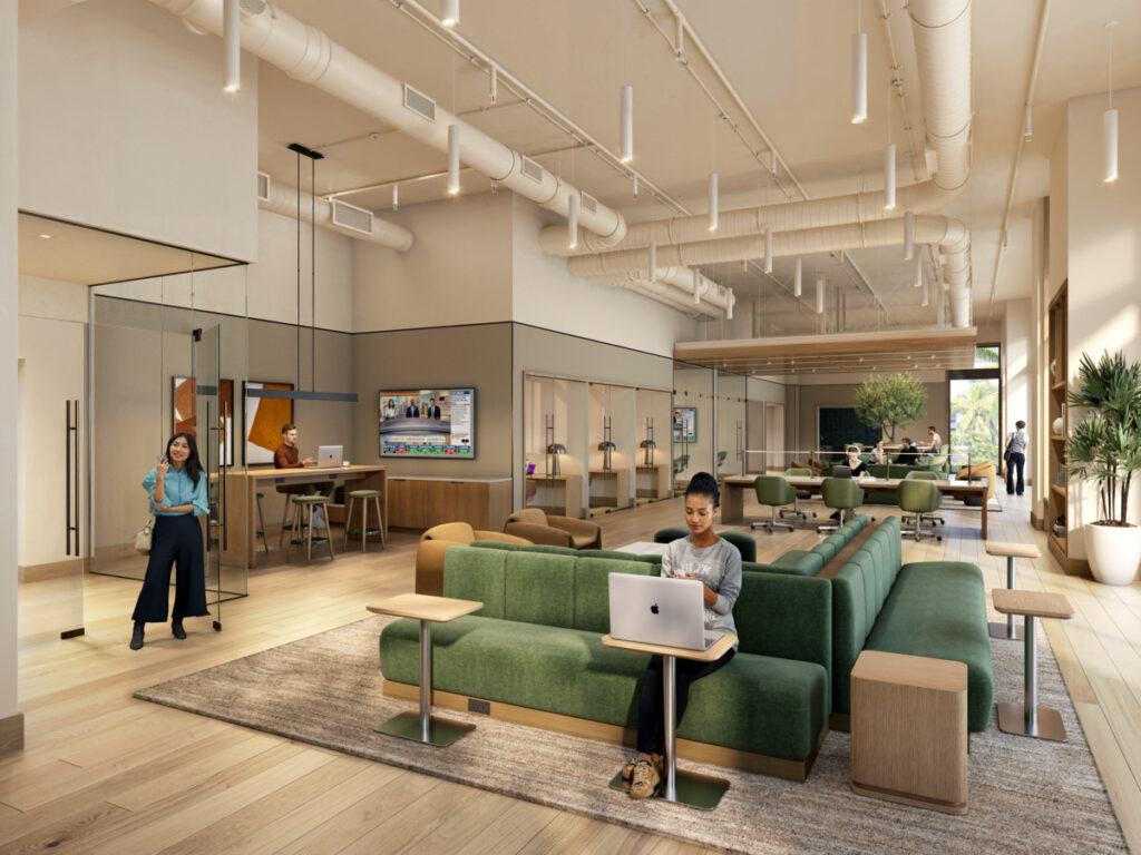 Graphic design rendering of Pacifica Place Co-Working environment featuring a woman sitting on green couch working on laptop with a woman standing to her right taking a phone call. 
