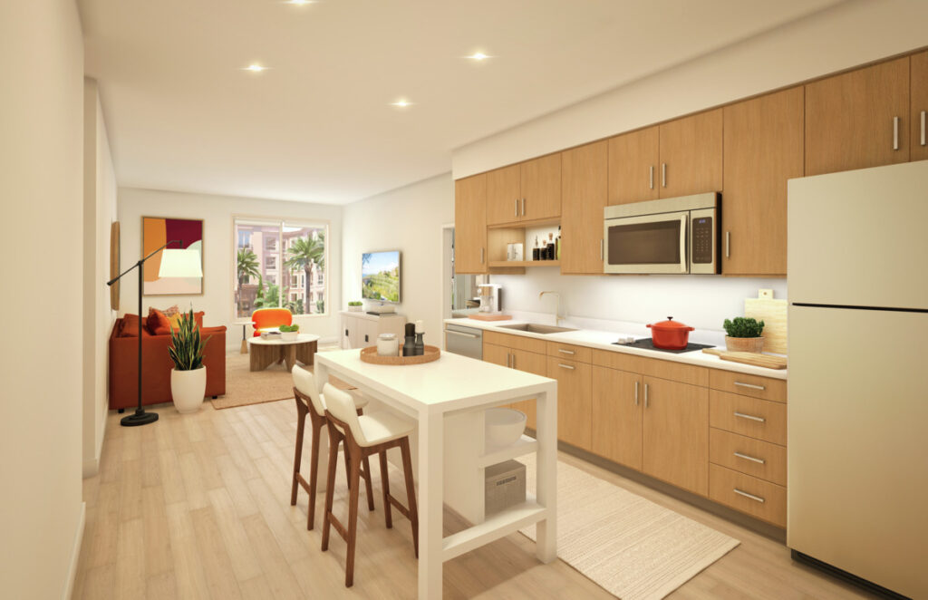 Photo rendering of Pacifica Place kitchen amenities including full kitchen view and side dining room view. 