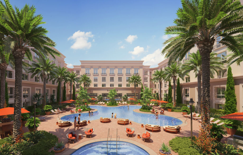 Front view rendering of Pacifica Place Apartment Community featuring pool, jacuzzi, and palm tree landscapes.
